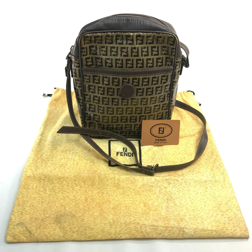 Vintage FENDI Zucca FF logo bag, crossbody shoulder bag, vinyl/leather, beige/brown