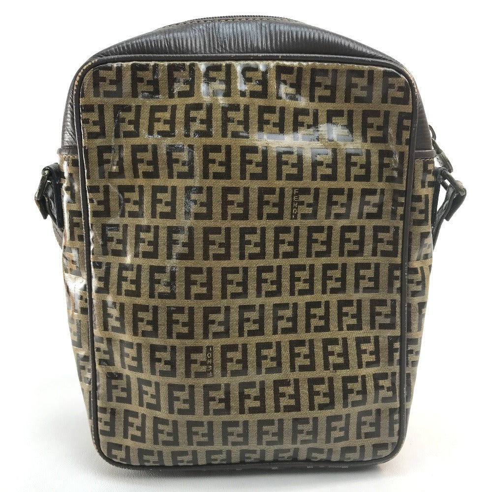 Vintage FENDI Zucca FF logo bag, crossbody shoulder bag, vinyl/leather, beige/brown