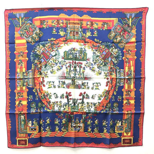 HERMES カレ90 カレ 90 ASTRES et SOLEILS 天体と太陽 エスニック スカーフ シルク レディース ブルー×レッド×ホワイト