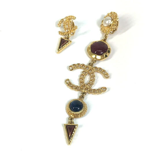 CHANEL CC Coco Mark Color Stone Faux Pearl A18K Earrings GP Women's Gold x Multicolor