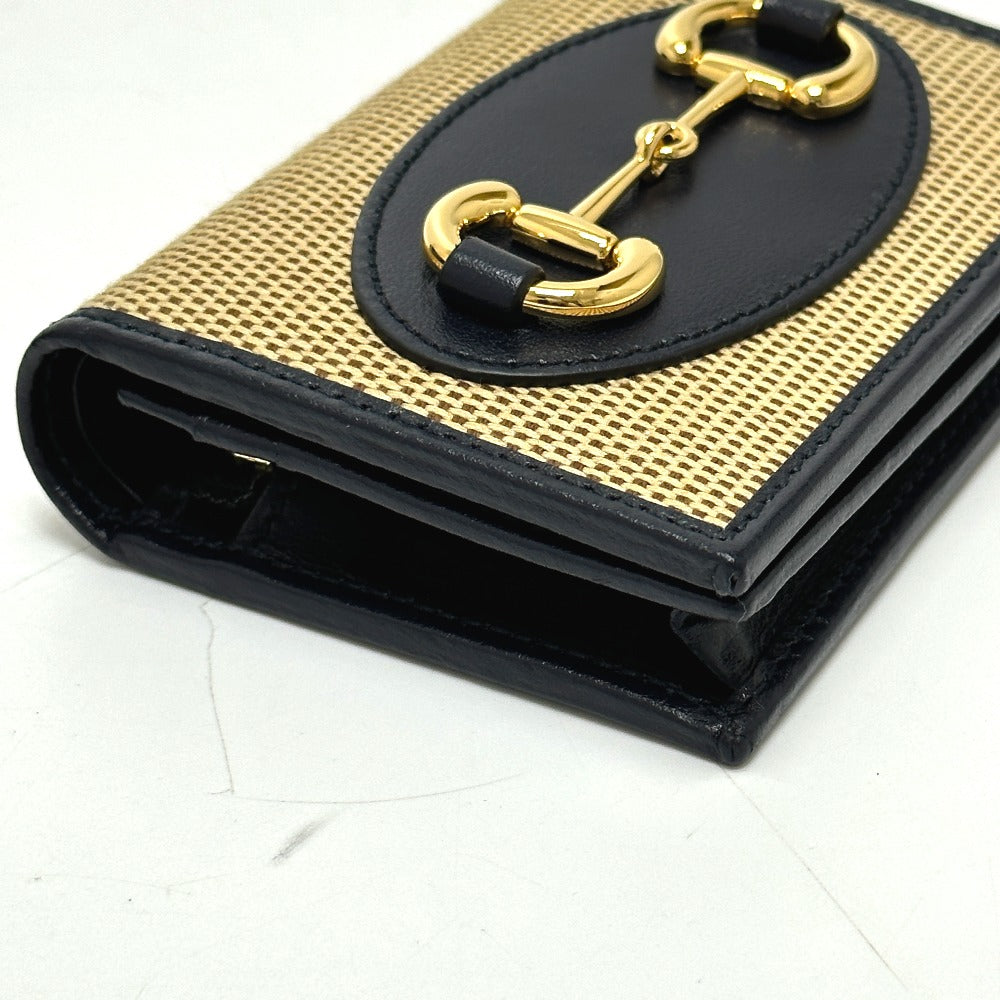 GUCCI 621887 Horsebit Compact Wallet, Tri-fold Canvas/Leather, Women's, Beige