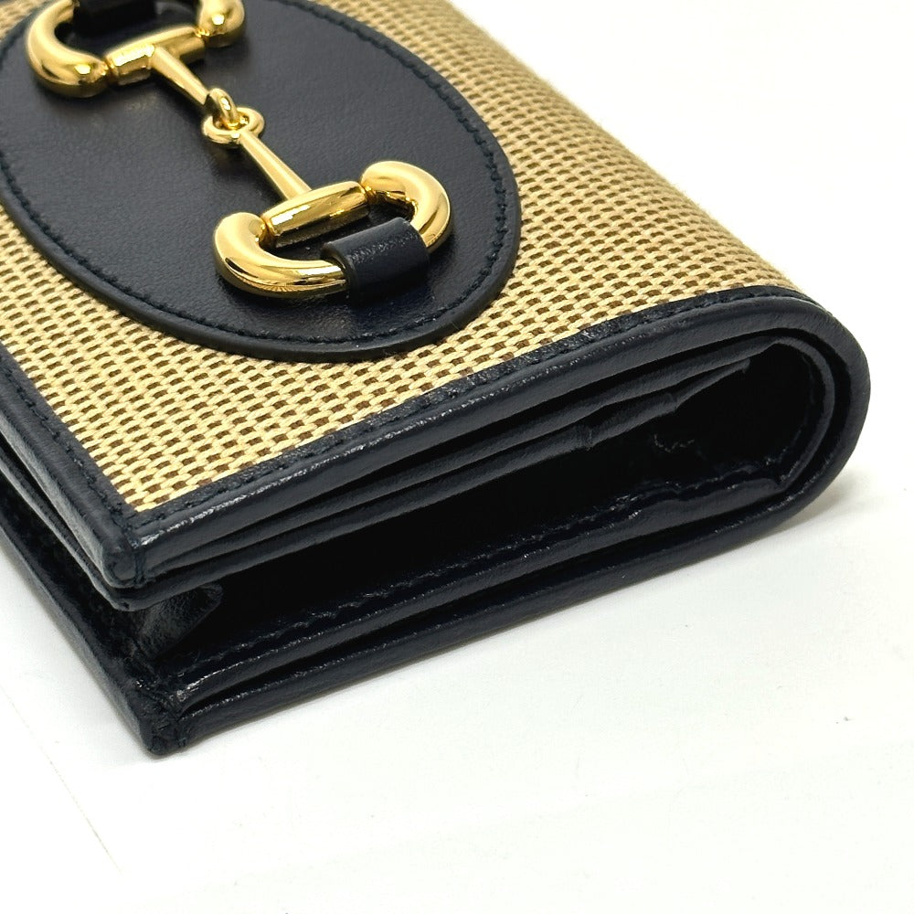 GUCCI 621887 Horsebit Compact Wallet, Tri-fold Canvas/Leather, Women's, Beige
