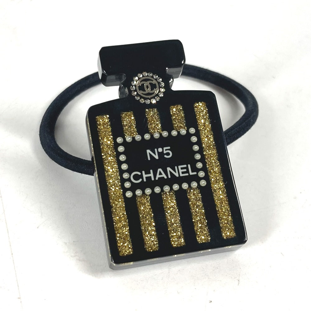 CHANEL 17A Logo perfume bottle design rhinestone glitter CC CC Mark Hair Accessories Hair rubber Plastic Black/Gold Used