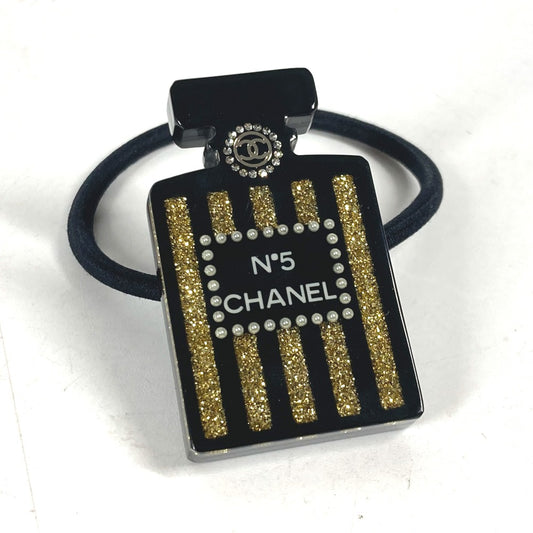 CHANEL 17A Logo perfume bottle design rhinestone glitter CC CC Mark Hair Accessories Hair rubber Plastic Black/Gold Used