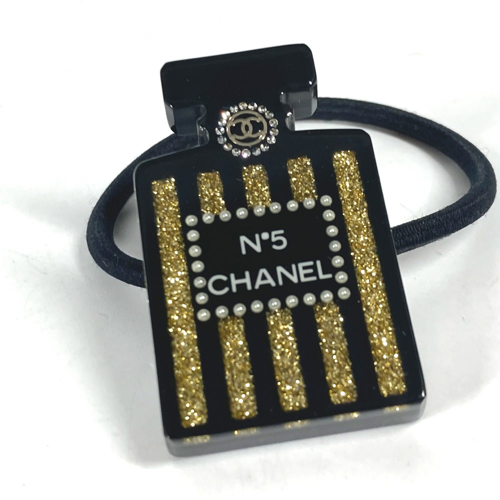 CHANEL 17A Logo perfume bottle design rhinestone glitter CC CC Mark Hair Accessories Hair rubber Plastic Black/Gold Used