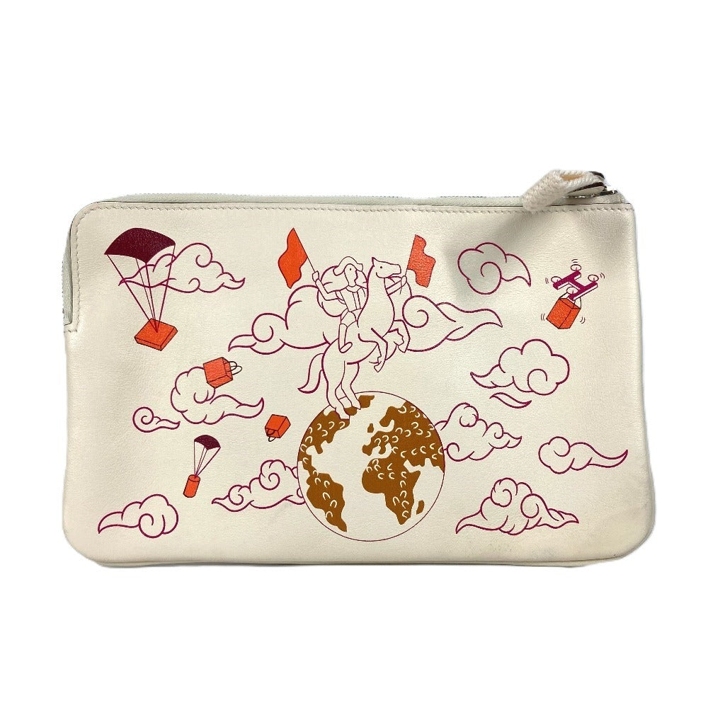 HERMES カレ ポケット ロング 小物入れ フラットポーチ カバン クラッチバッグ ポーチ レザー レディース アイボリー系
