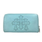 Chrome Hearts Rec Zip 3 Ptch Cemetery Cross Patch Round Zipper Long Wallet, Unisex, Light Blue Leather