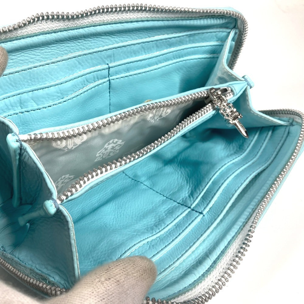 Chrome Hearts Rec Zip 3 Ptch Cemetery Cross Patch Round Zipper Long Wallet, Unisex, Light Blue Leather