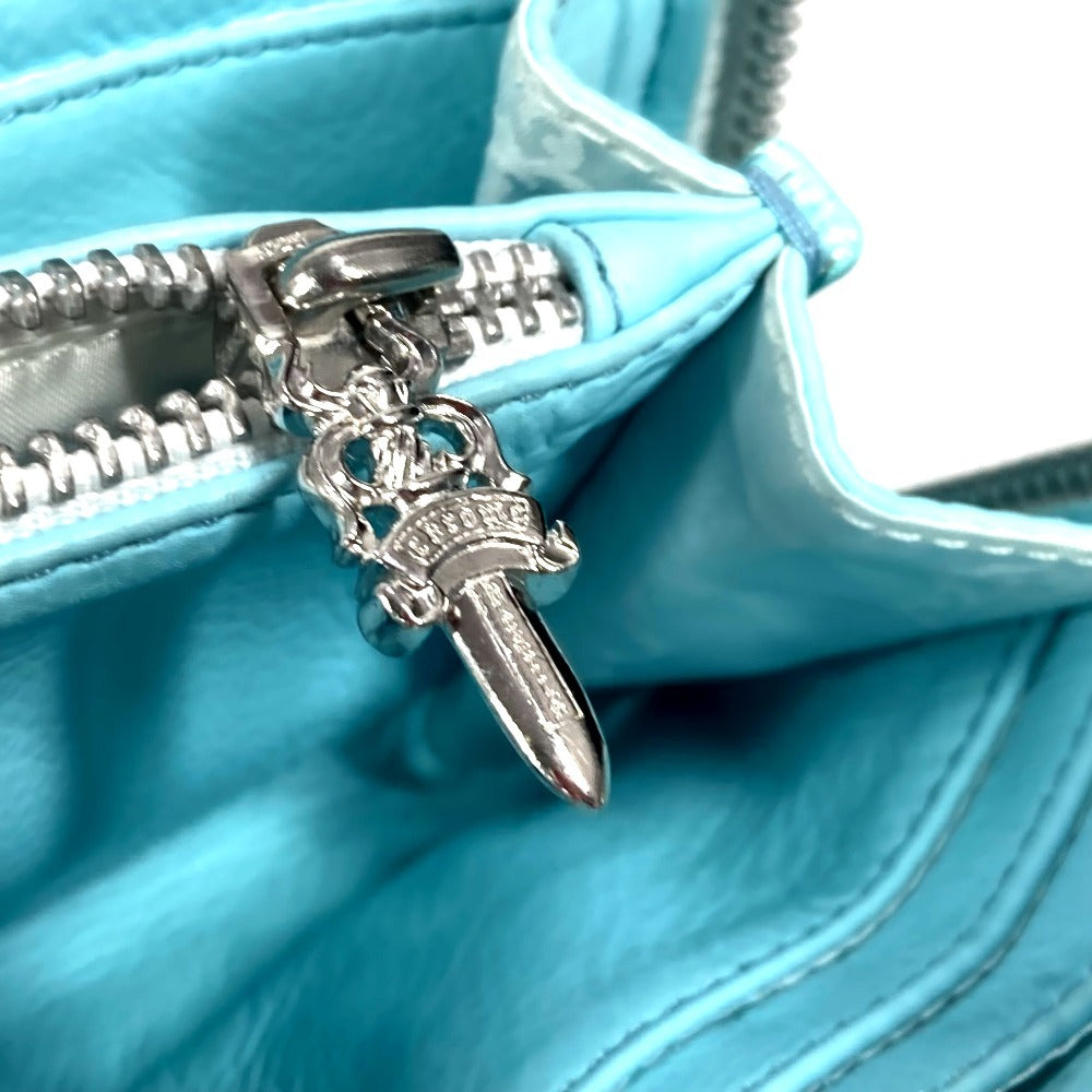 Chrome Hearts Rec Zip 3 Ptch Cemetery Cross Patch Round Zipper Long Wallet, Unisex, Light Blue Leather