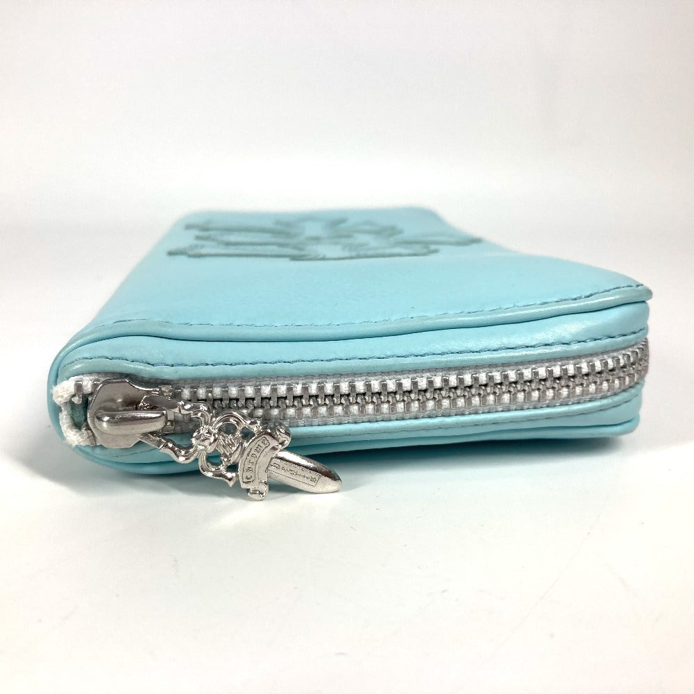 Chrome Hearts Rec Zip 3 Ptch Cemetery Cross Patch Round Zipper Long Wallet, Unisex, Light Blue Leather