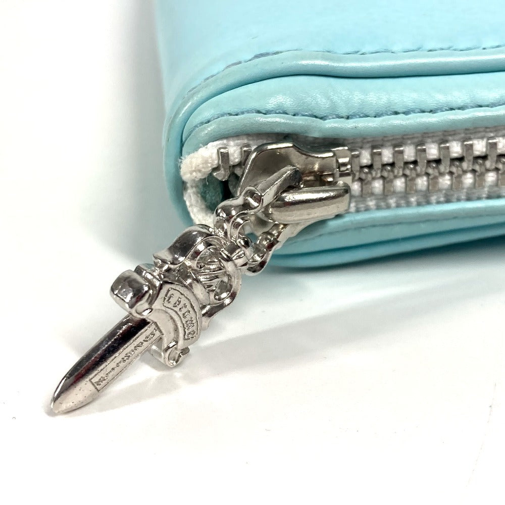 Chrome Hearts Rec Zip 3 Ptch Cemetery Cross Patch Round Zipper Long Wallet, Unisex, Light Blue Leather