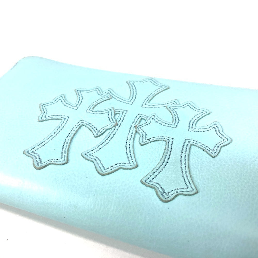 Chrome Hearts Rec Zip 3 Ptch Cemetery Cross Patch Round Zipper Long Wallet, Unisex, Light Blue Leather