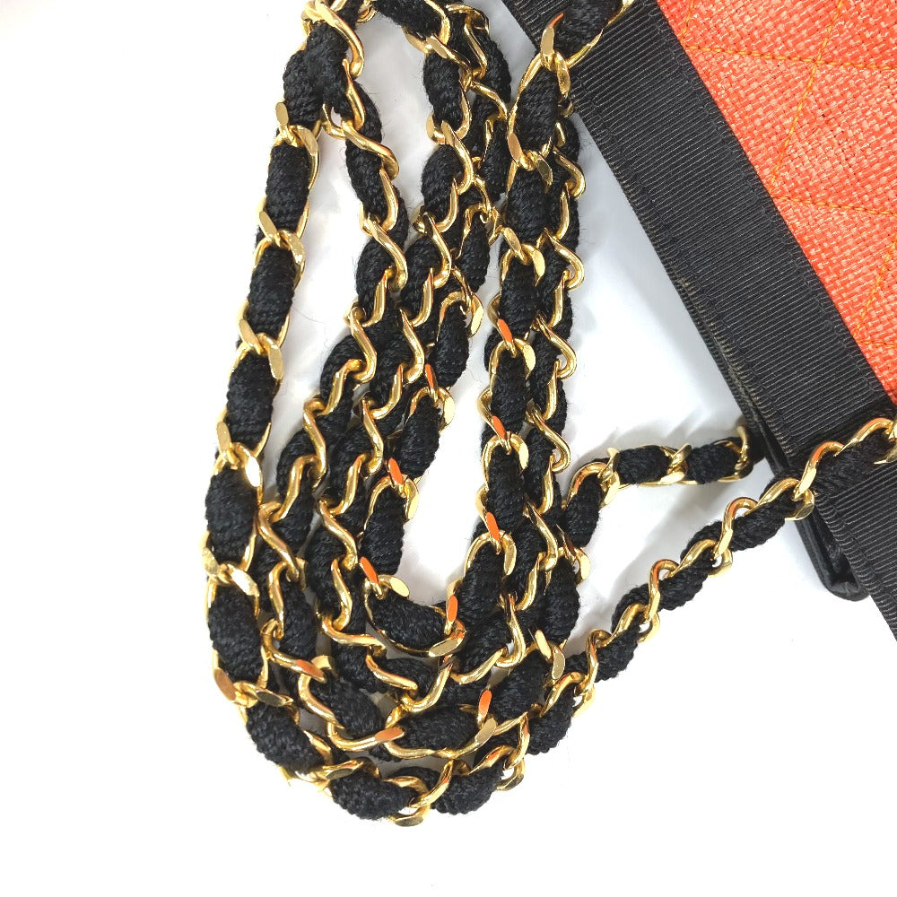 CHANEL ヴィンテージ マトラッセ キルティング 肩掛け カバン Wチェーン トートバッグ バイカラー ショルダーバッグ ストロー/レザー レディース オレンジ