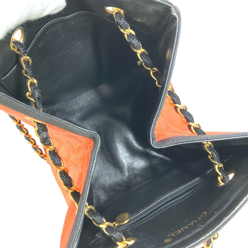 CHANEL ヴィンテージ マトラッセ キルティング 肩掛け カバン Wチェーン トートバッグ バイカラー ショルダーバッグ ストロー/レザー レディース オレンジ