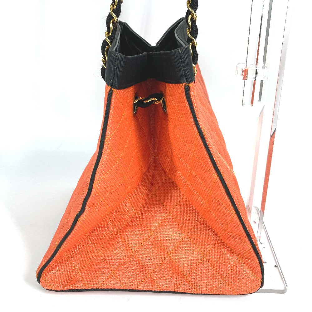 CHANEL ヴィンテージ マトラッセ キルティング 肩掛け カバン Wチェーン トートバッグ バイカラー ショルダーバッグ ストロー/レザー レディース オレンジ