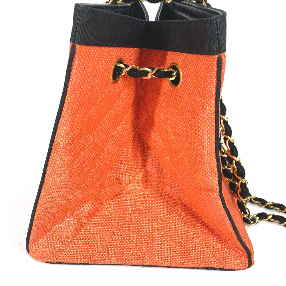 CHANEL ヴィンテージ マトラッセ キルティング 肩掛け カバン Wチェーン トートバッグ バイカラー ショルダーバッグ ストロー/レザー レディース オレンジ