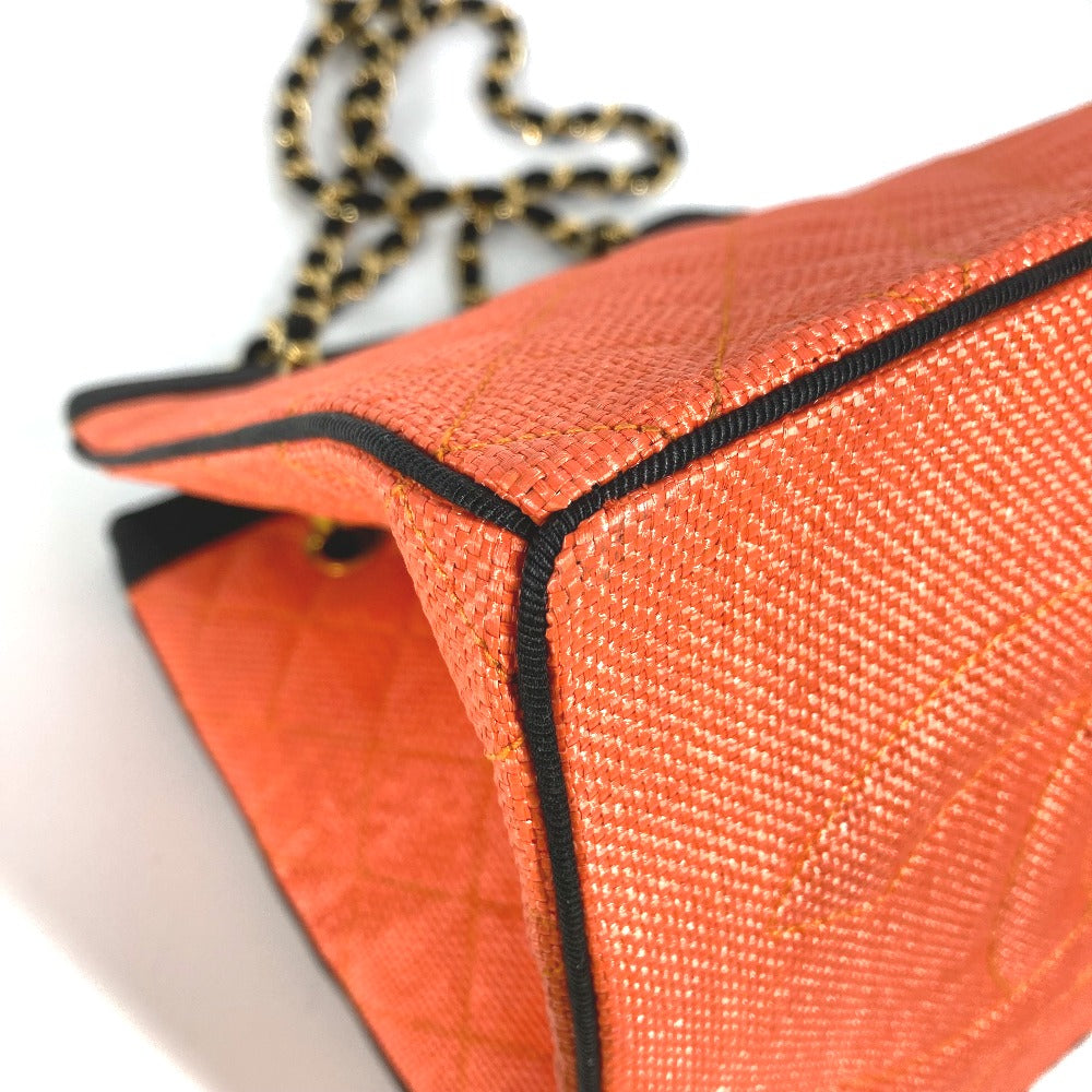 CHANEL ヴィンテージ マトラッセ キルティング 肩掛け カバン Wチェーン トートバッグ バイカラー ショルダーバッグ ストロー/レザー レディース オレンジ