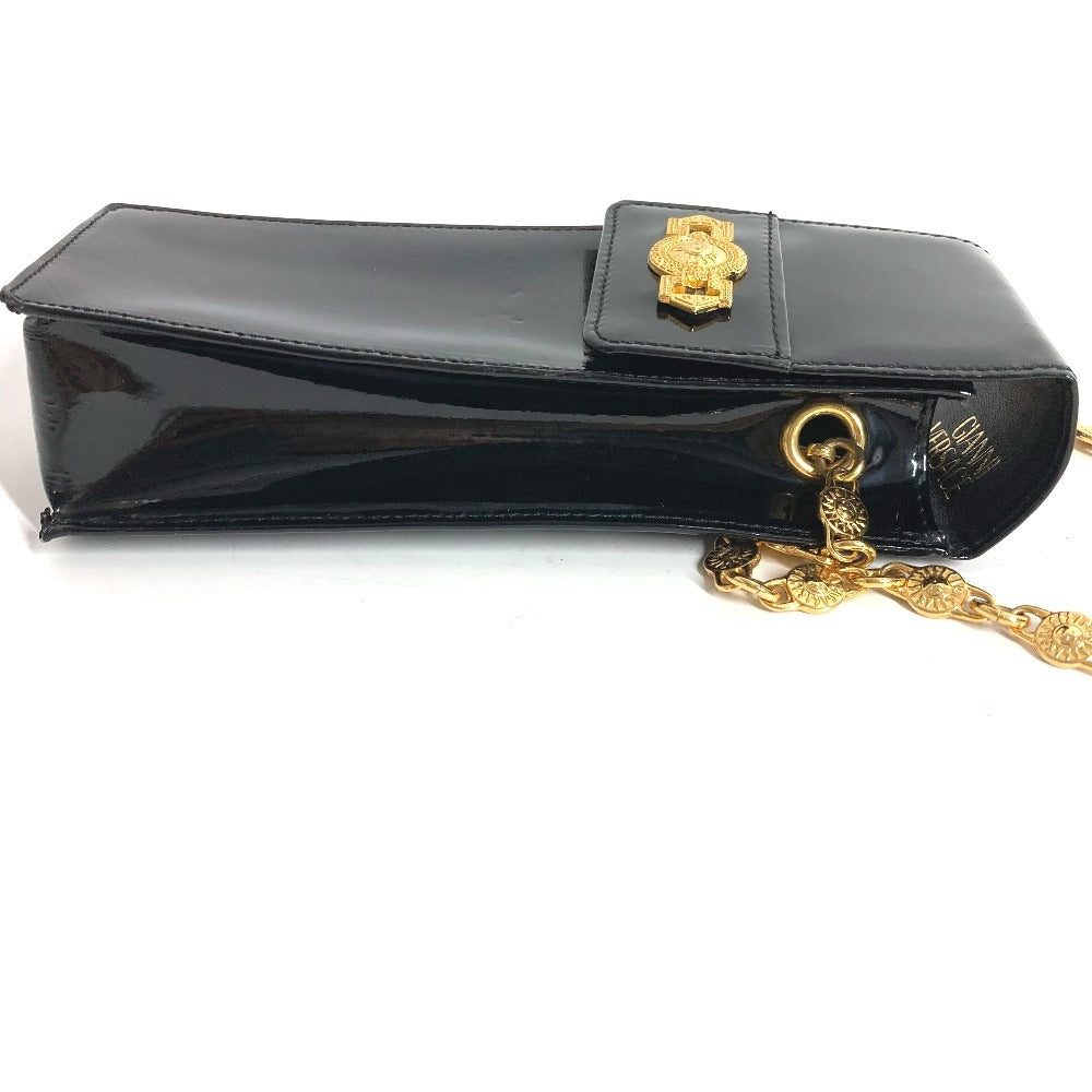 VERSACE ヴィンテージ サンバースト ロゴ フォンバッグ カバン フラップ チェーンバッグ 斜め掛け ポシェット ショルダーバッグ エナメル レディース ブラック