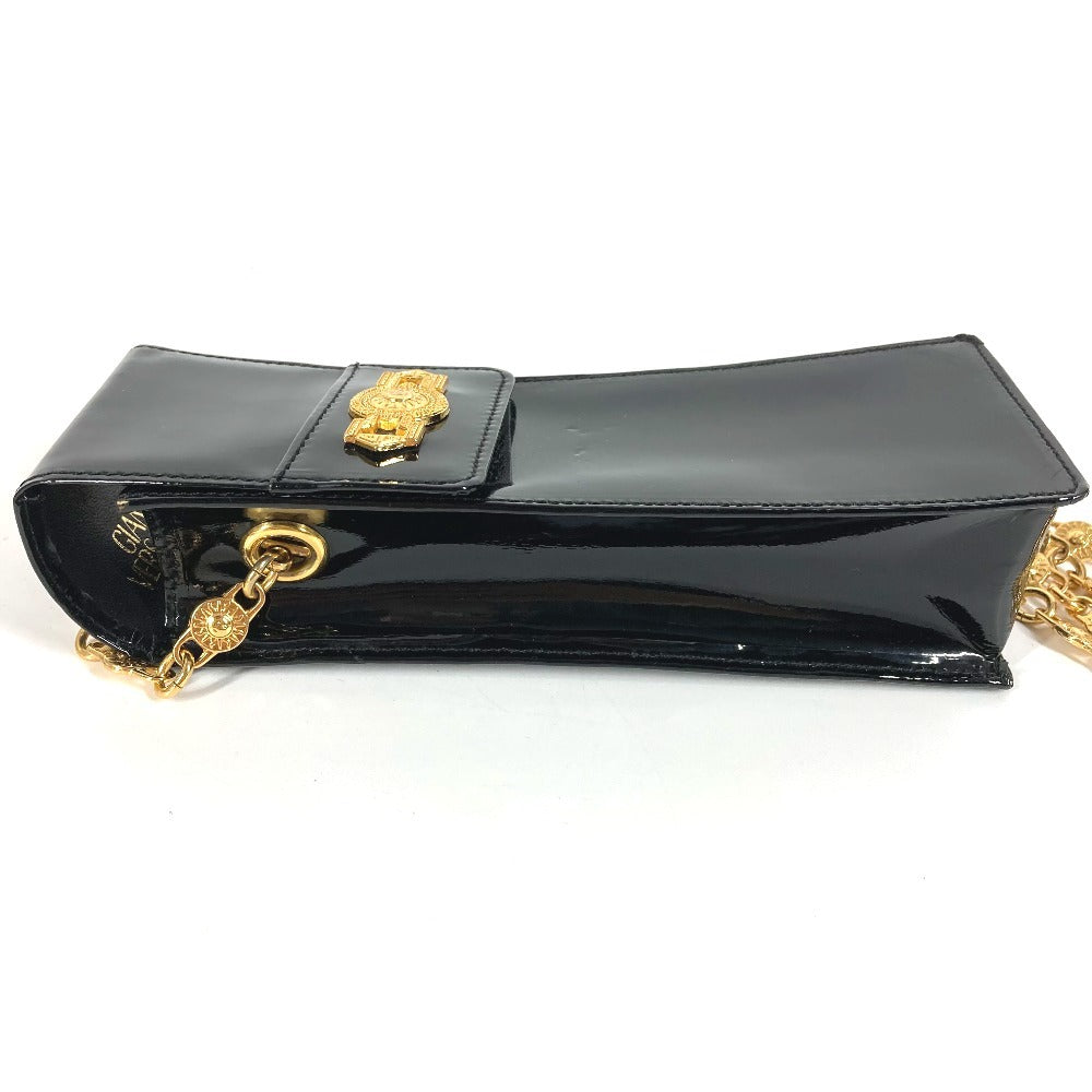 VERSACE ヴィンテージ サンバースト ロゴ フォンバッグ カバン フラップ チェーンバッグ 斜め掛け ポシェット ショルダーバッグ エナメル レディース ブラック