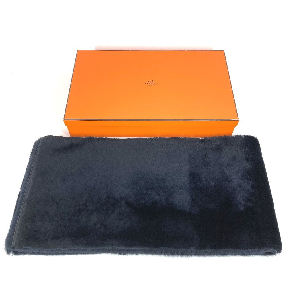 HERMES Leather Fur Shawl/Stole/Scarf, Unisex, Black