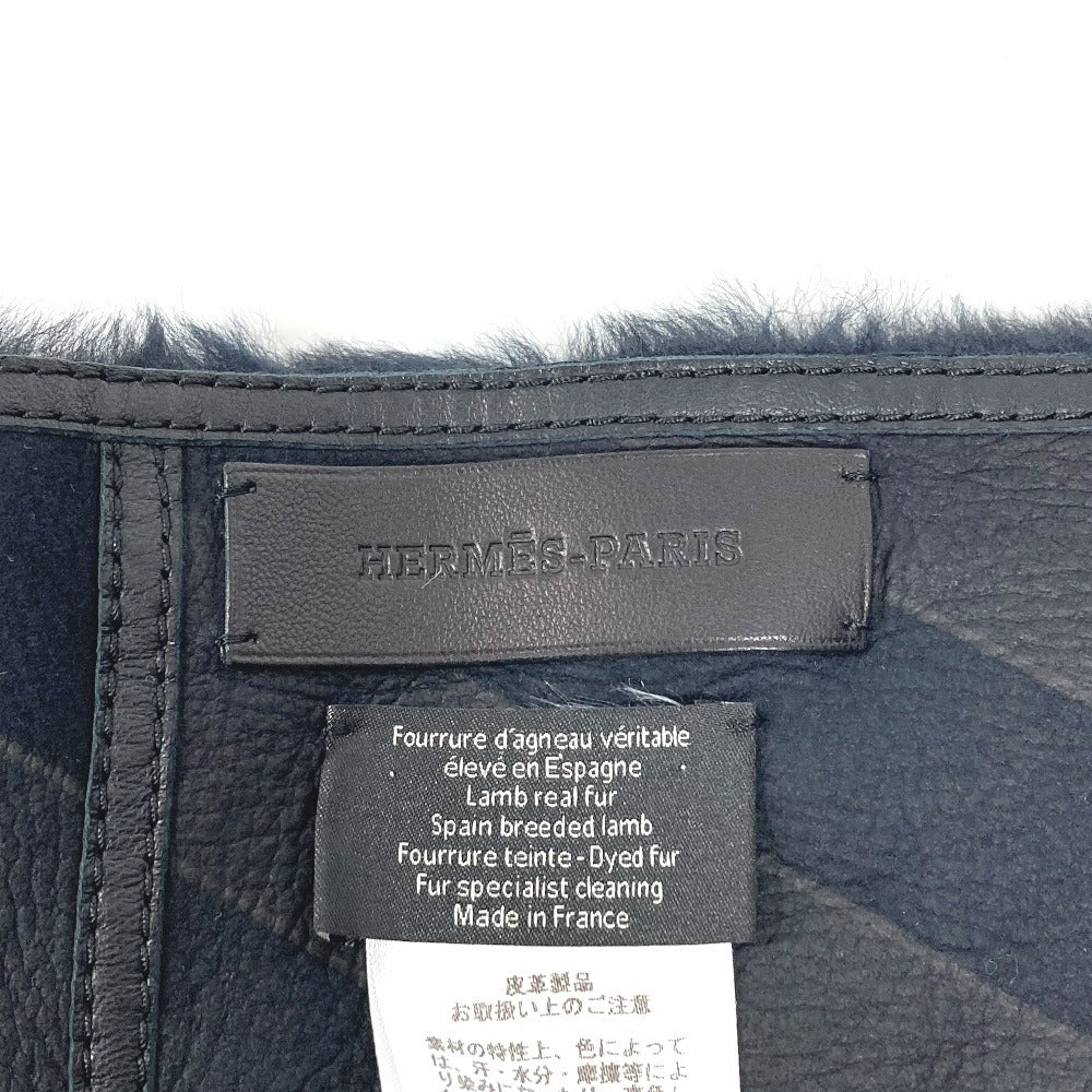 HERMES Leather Fur Shawl/Stole/Scarf, Unisex, Black