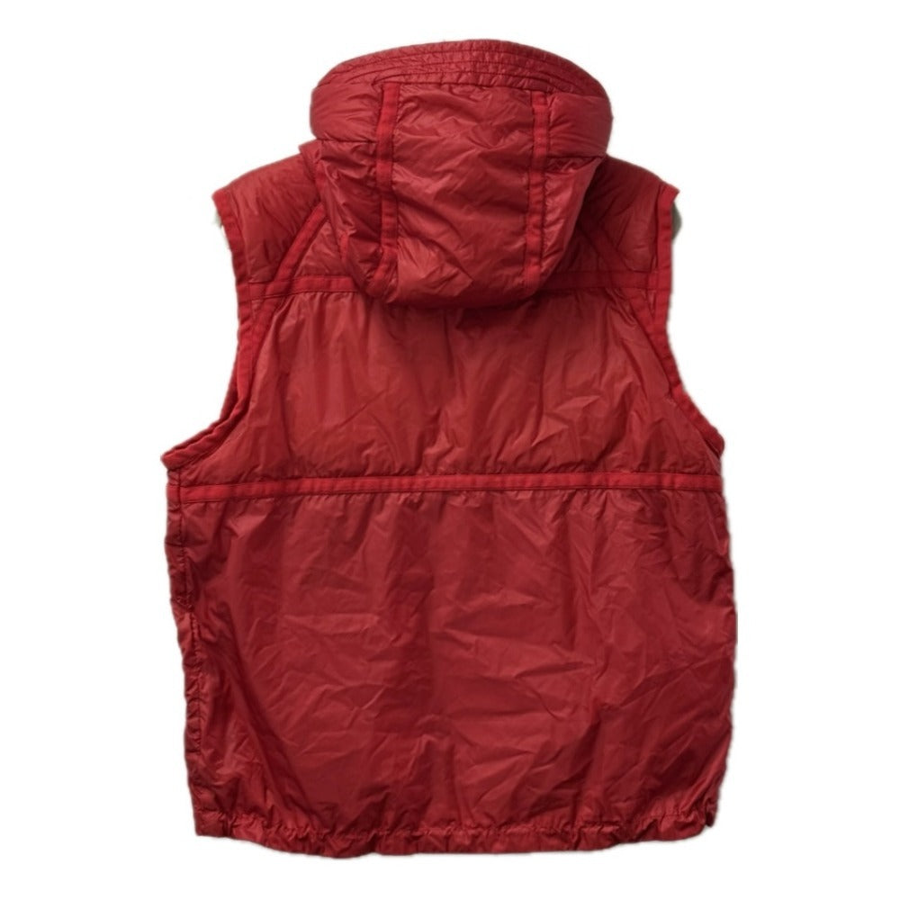 MONCLER Hever Gilet Hever Vest, a sleeveless down vest with a hood, available in red.