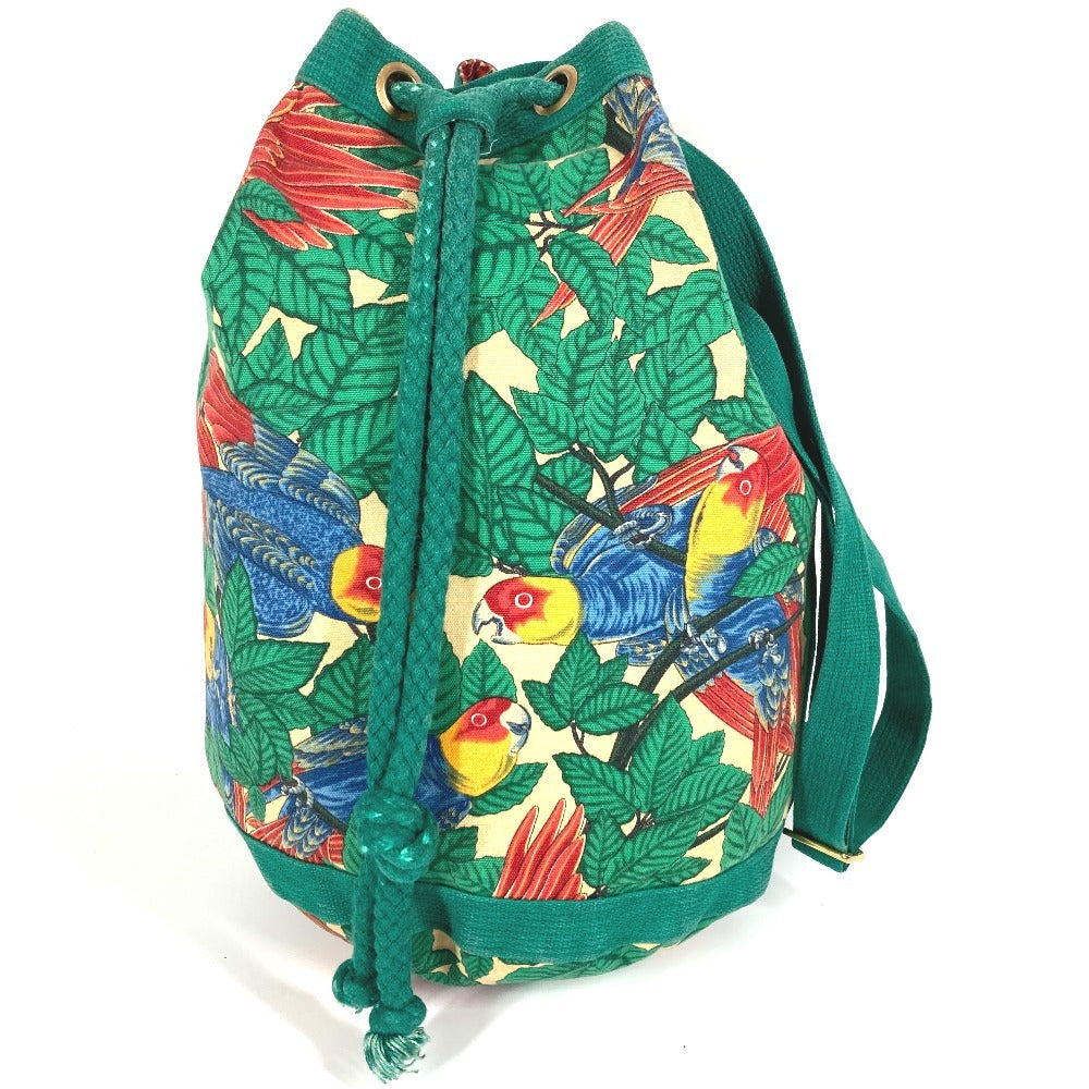 HERMES Vintage Bird Print Drawstring Shoulder Bag, Cotton, Women's, Green