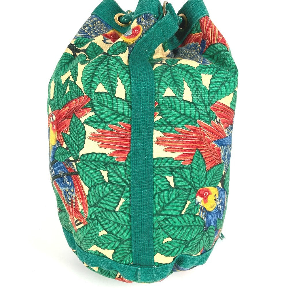 HERMES Vintage Bird Print Drawstring Shoulder Bag, Cotton, Women's, Green