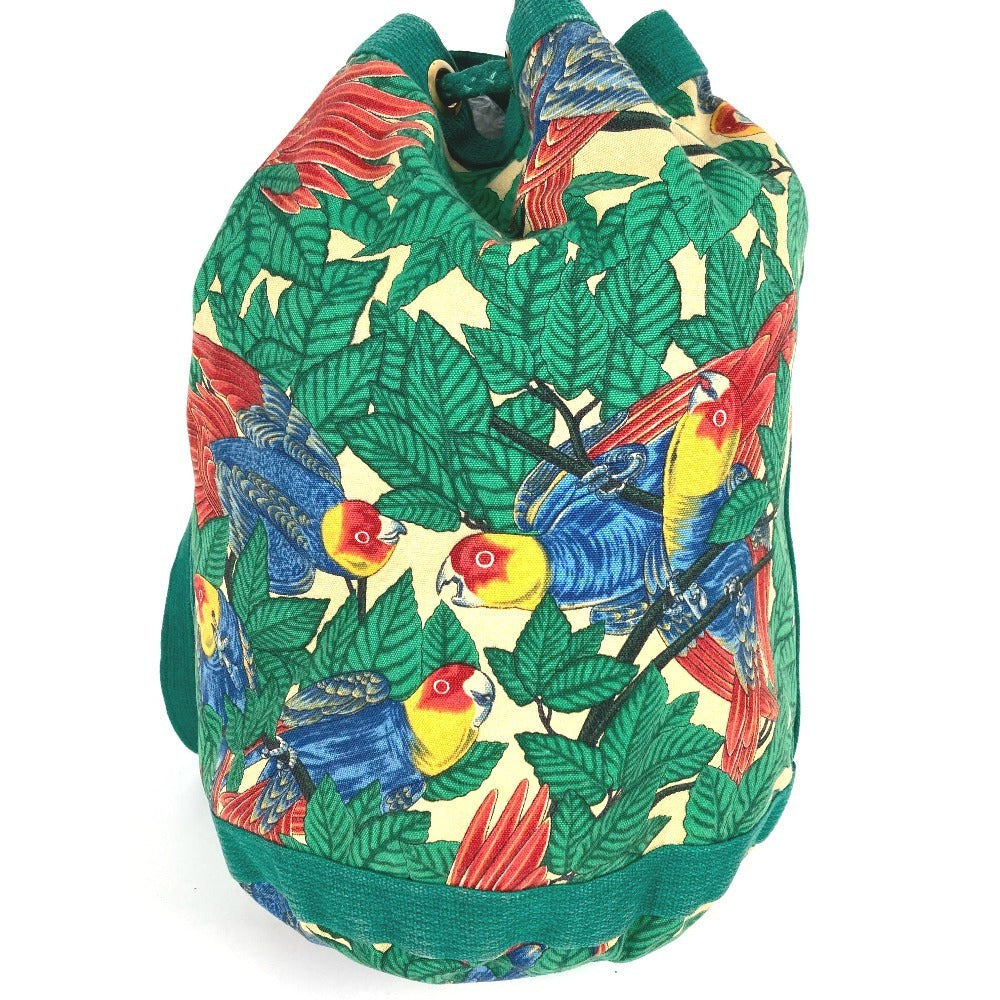 HERMES Vintage Bird Print Drawstring Shoulder Bag, Cotton, Women's, Green