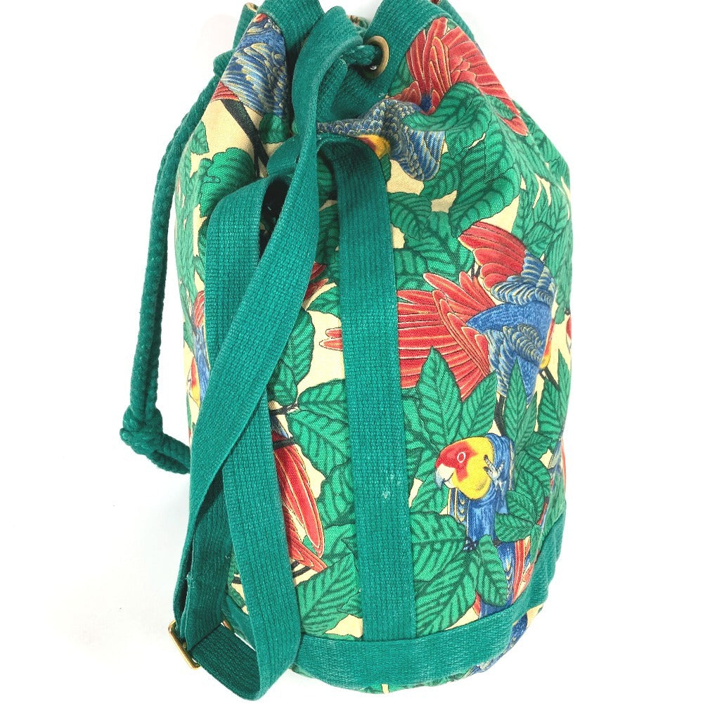 HERMES Vintage Bird Print Drawstring Shoulder Bag, Cotton, Women's, Green