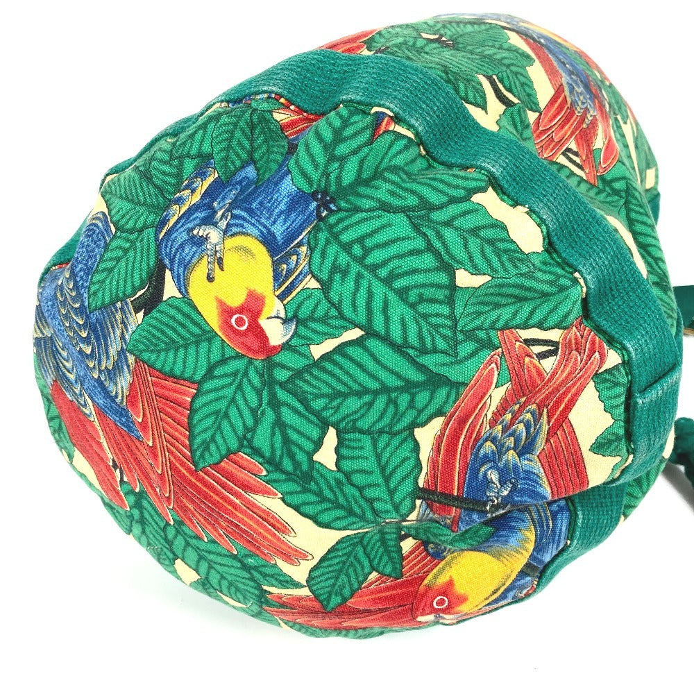 HERMES Vintage Bird Print Drawstring Shoulder Bag, Cotton, Women's, Green