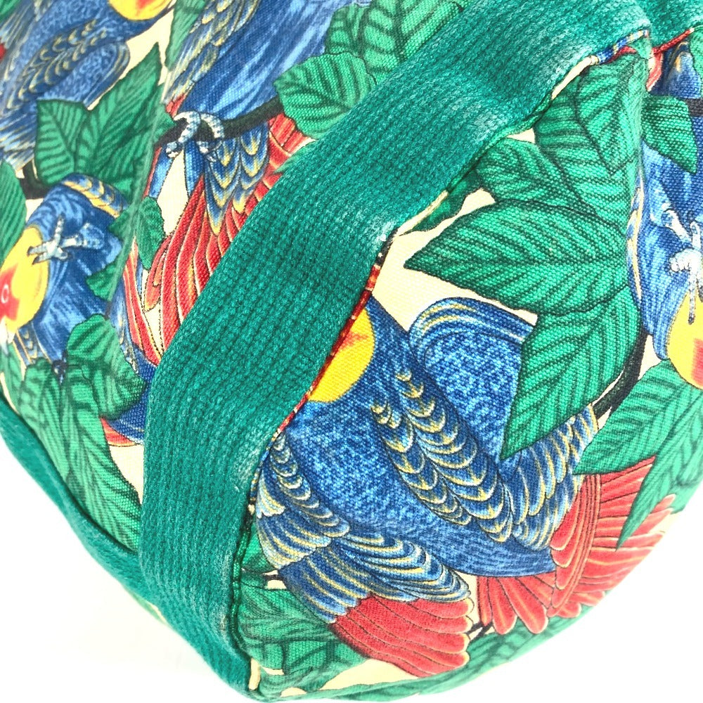HERMES Vintage Bird Print Drawstring Shoulder Bag, Cotton, Women's, Green