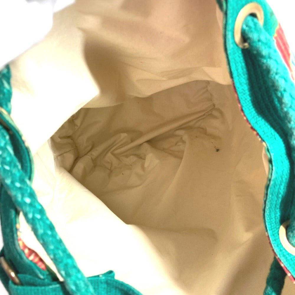 HERMES Vintage Bird Print Drawstring Shoulder Bag, Cotton, Women's, Green