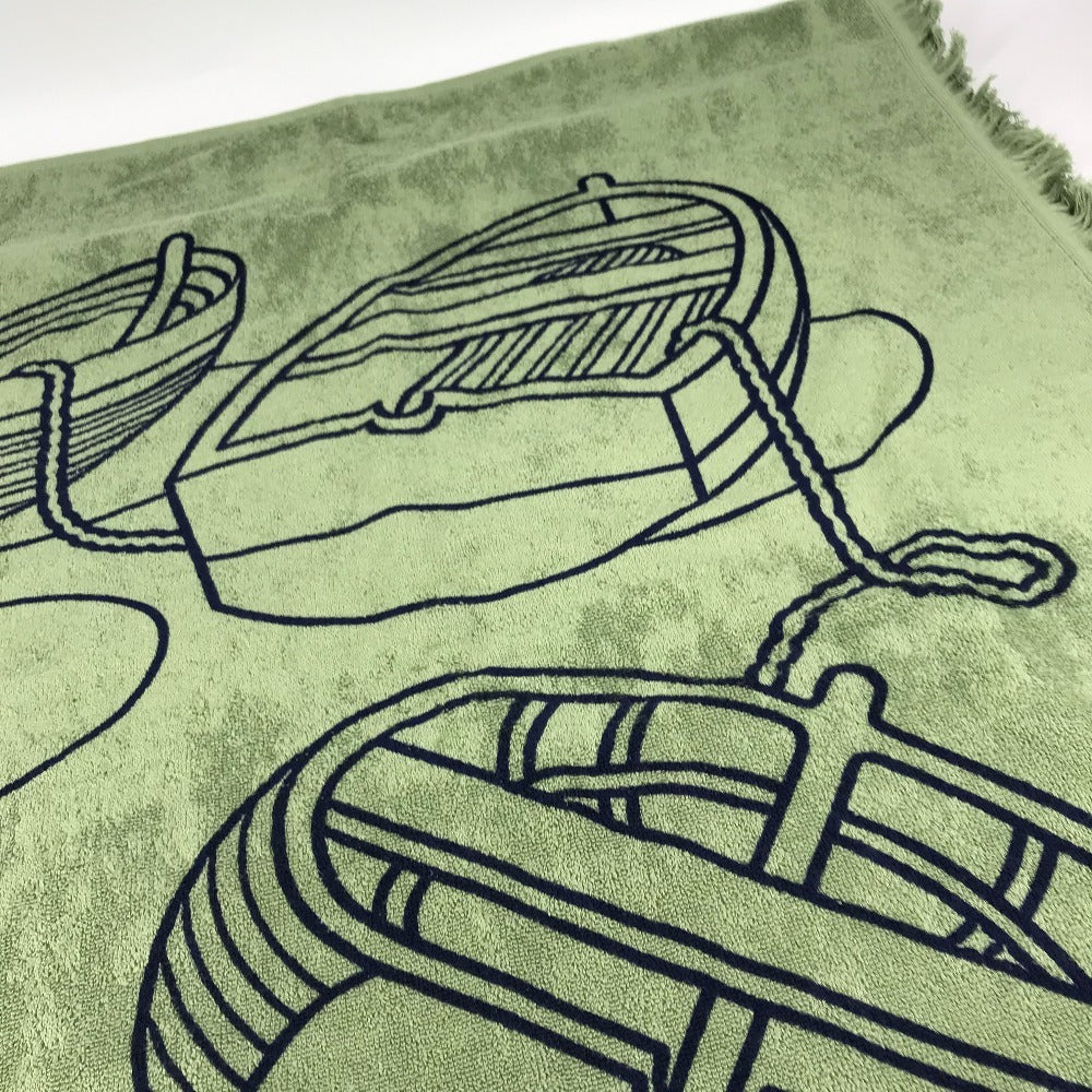 HERMES DRAP DE PLAGE YACHTING THALASSA ヨッティング プラージュ テレサ バスタオル インテリア ひざかけ ブランケット フリンジ タオル コットン ユニセックス グリーン