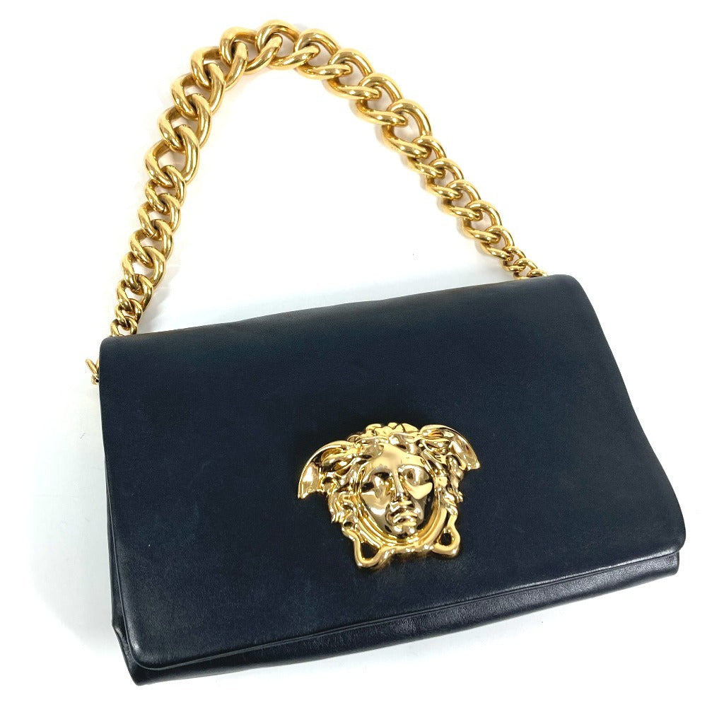 VERSACE Logo Medusa Large 3D Handbag Shoulder Flap Chain Bag Leather Women's Black