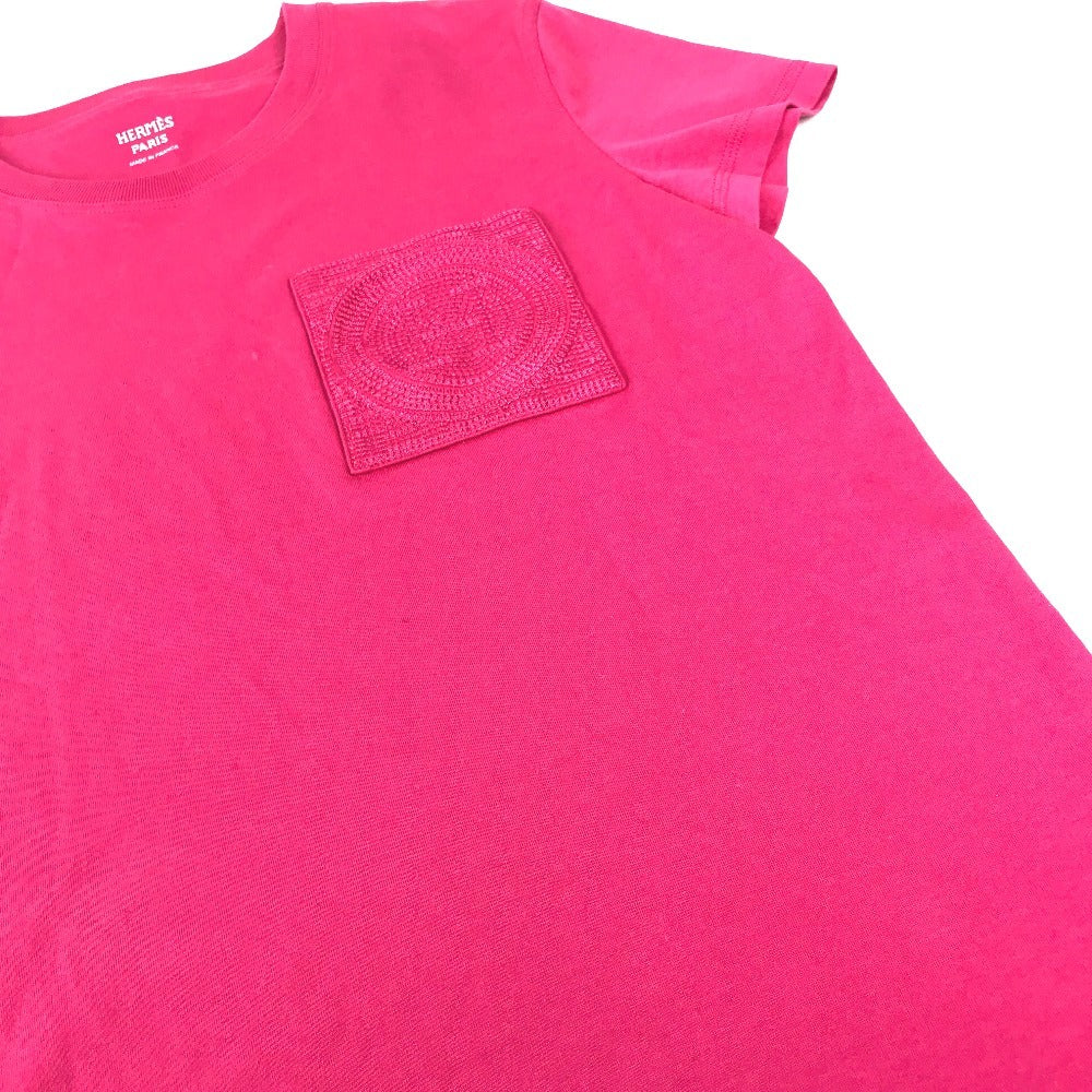 HERMES 刺繍入れ モザイク Hロゴ ポケット アパレル Tシャツワンピース ラウンドネック ワンピース コットン レディース ピンク