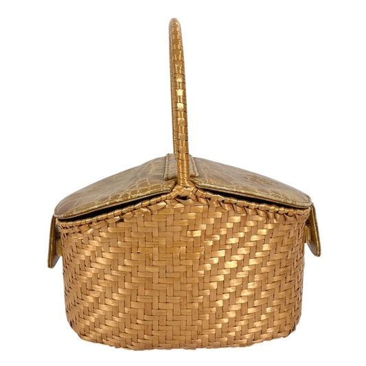 FENDI Vintage Basket Bag Handbag Crocodile Embossed Leather Women's Beige