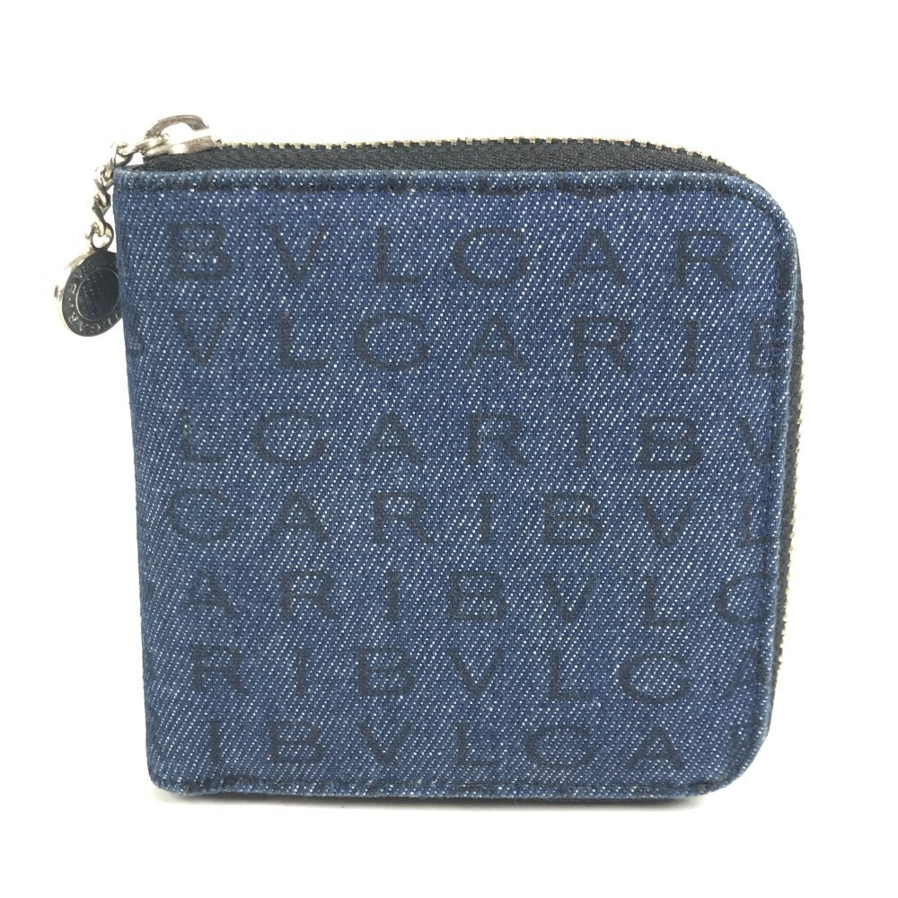 BVLGARI Logomania All-over Pattern Denim Round Zipper Compact Wallet Bi-fold Wallet Leather/Canvas Unisex Blue