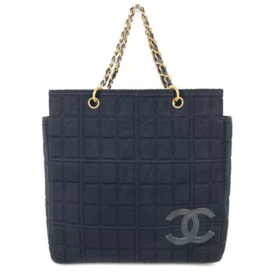 CHANEL CC ココマーク ロゴ チョコバー カバン トートバッグ 肩掛け Wチェーンバッグ ショルダーバッグ コットン ユニセックス ブラック
