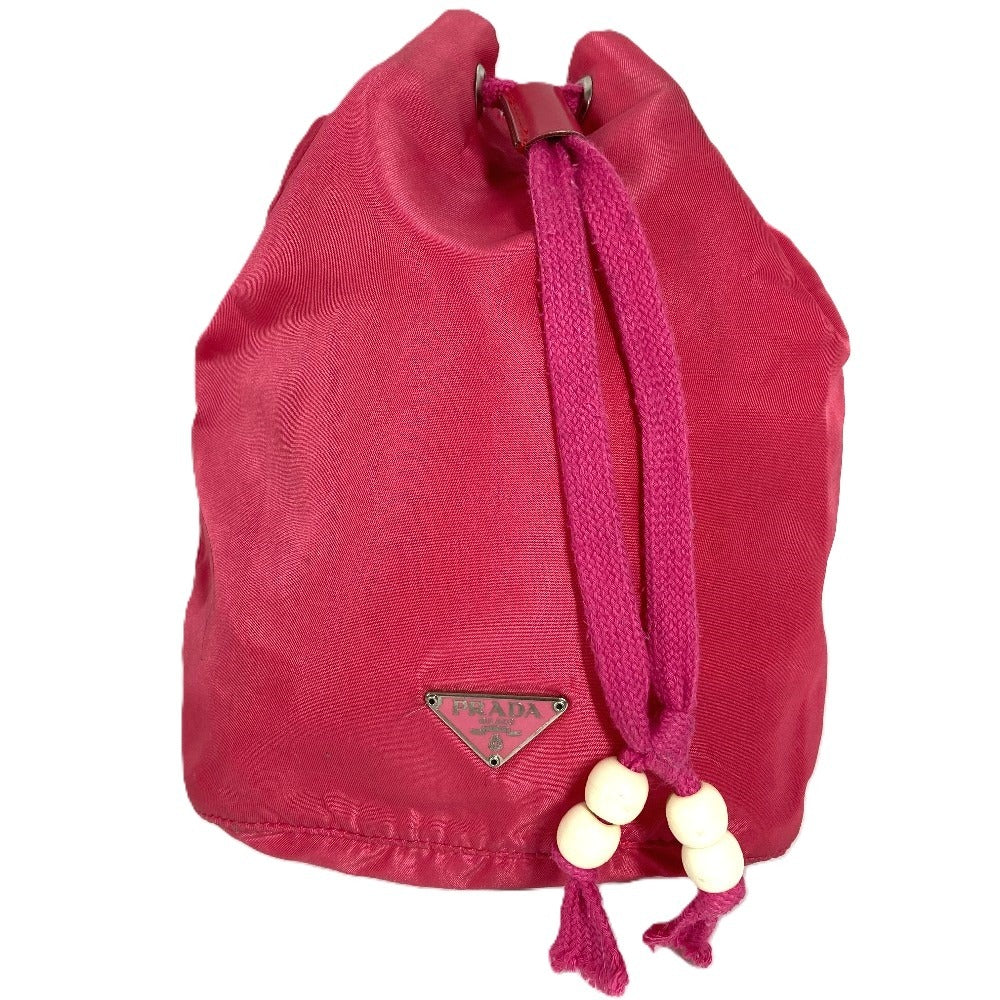 PRADA Triangle Logo Plate Drawstring Bag Handbag Pouch Nylon Women's Pink