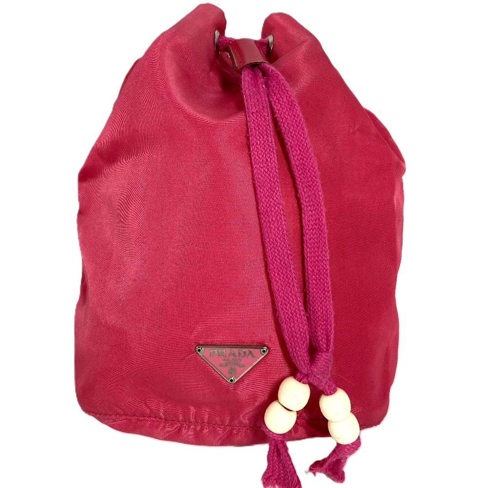 PRADA Triangle Logo Plate Drawstring Bag Handbag Pouch Nylon Women's Pink