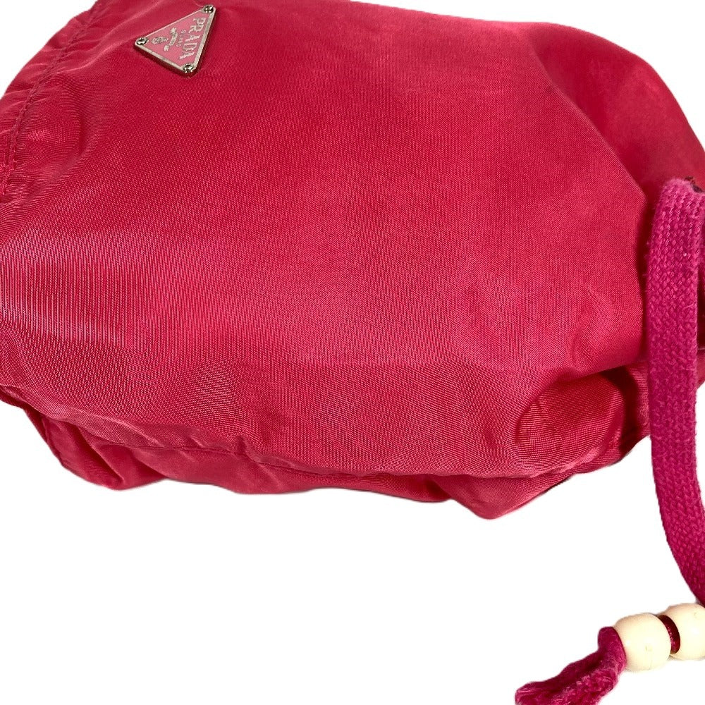 PRADA Triangle Logo Plate Drawstring Bag Handbag Pouch Nylon Women's Pink
