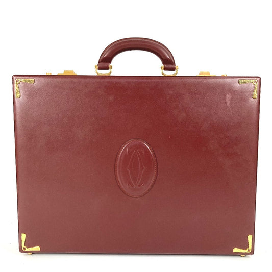 CARTIER Logo Must Line Attache Case Bag Handbag Tote Bag Business Bag Leather Unisex Wine Red