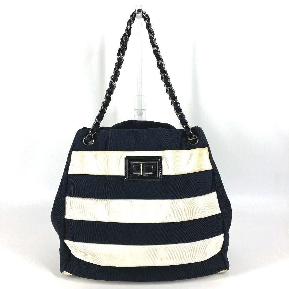 CHANEL 2.55金具 ボーダー カバン 肩掛け トートバッグ Wチェーン ショルダーバッグ ナイロンキャンバス レディース ブラック