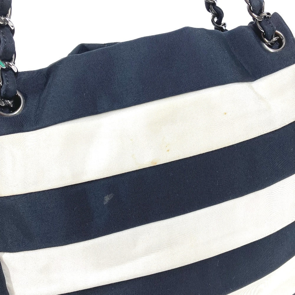 CHANEL 2.55金具 ボーダー カバン 肩掛け トートバッグ Wチェーン ショルダーバッグ ナイロンキャンバス レディース ブラック