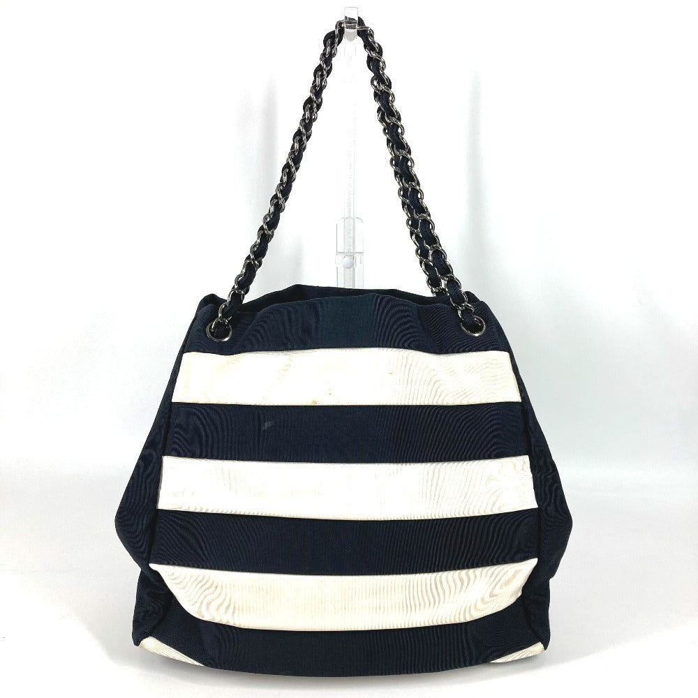 CHANEL 2.55金具 ボーダー カバン 肩掛け トートバッグ Wチェーン ショルダーバッグ ナイロンキャンバス レディース ブラック