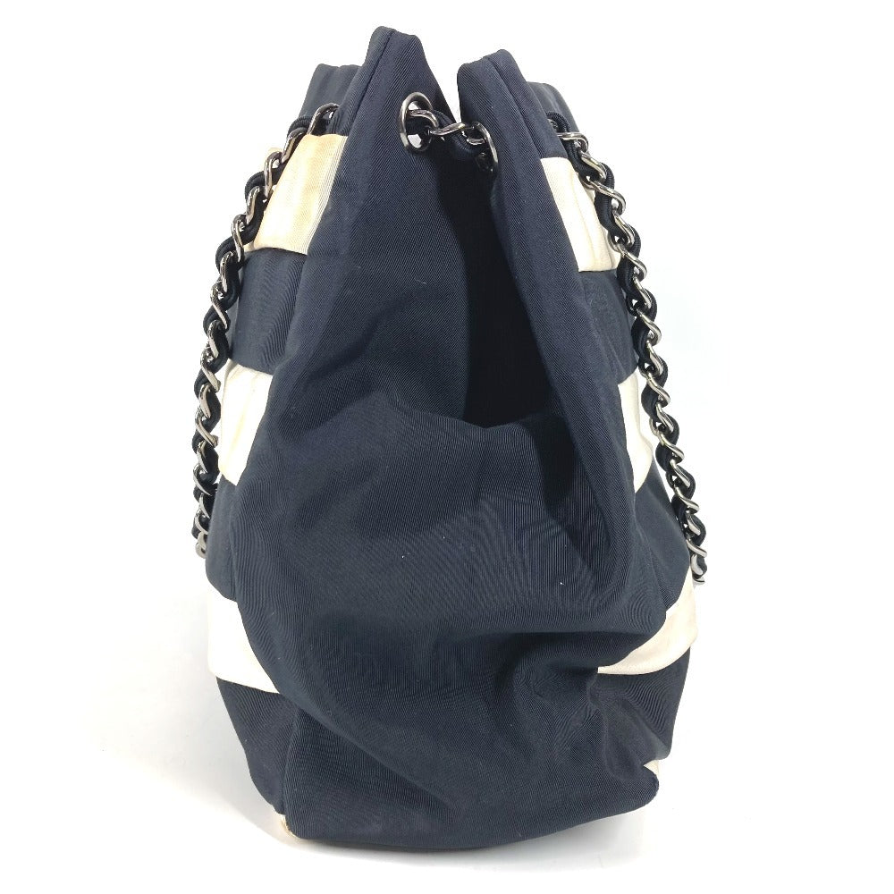 CHANEL 2.55金具 ボーダー カバン 肩掛け トートバッグ Wチェーン ショルダーバッグ ナイロンキャンバス レディース ブラック