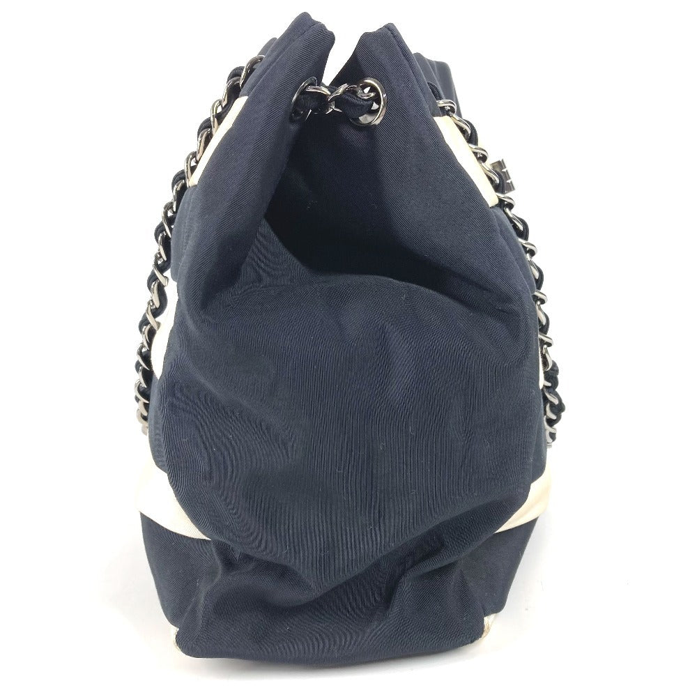 CHANEL 2.55金具 ボーダー カバン 肩掛け トートバッグ Wチェーン ショルダーバッグ ナイロンキャンバス レディース ブラック