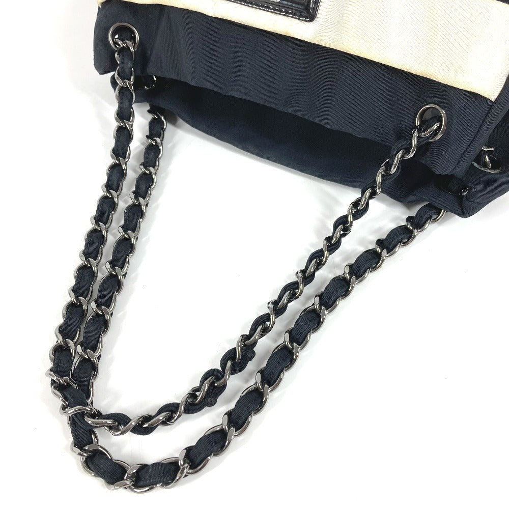 CHANEL 2.55金具 ボーダー カバン 肩掛け トートバッグ Wチェーン ショルダーバッグ ナイロンキャンバス レディース ブラック