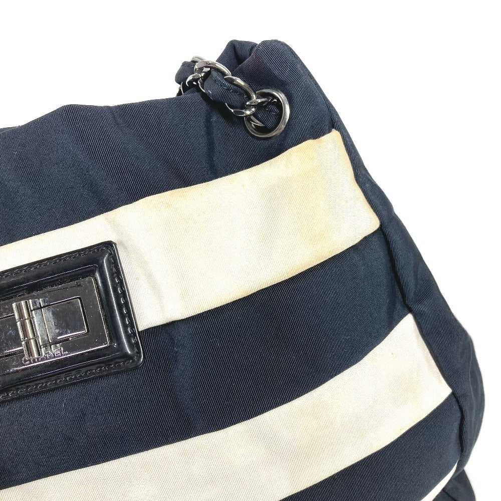 CHANEL 2.55金具 ボーダー カバン 肩掛け トートバッグ Wチェーン ショルダーバッグ ナイロンキャンバス レディース ブラック